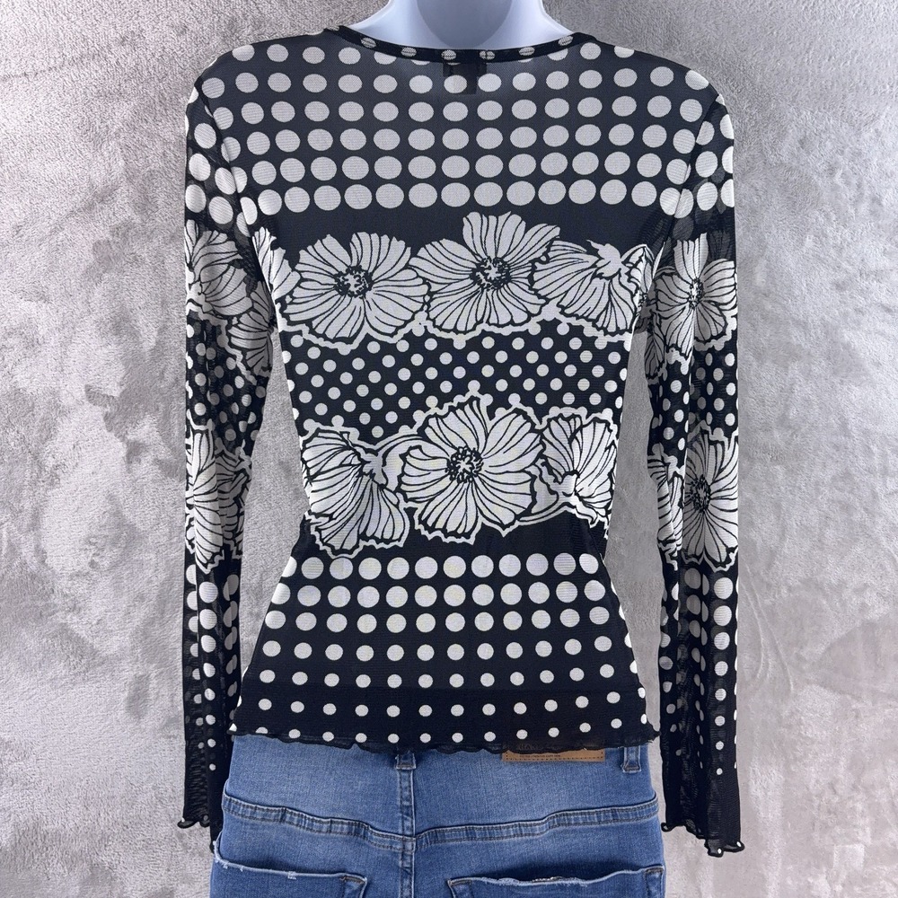CACHE Mesh Blouse Womens Size Small Black White Polka Dot Sequin Floral Y2K - Picture 2 of 8